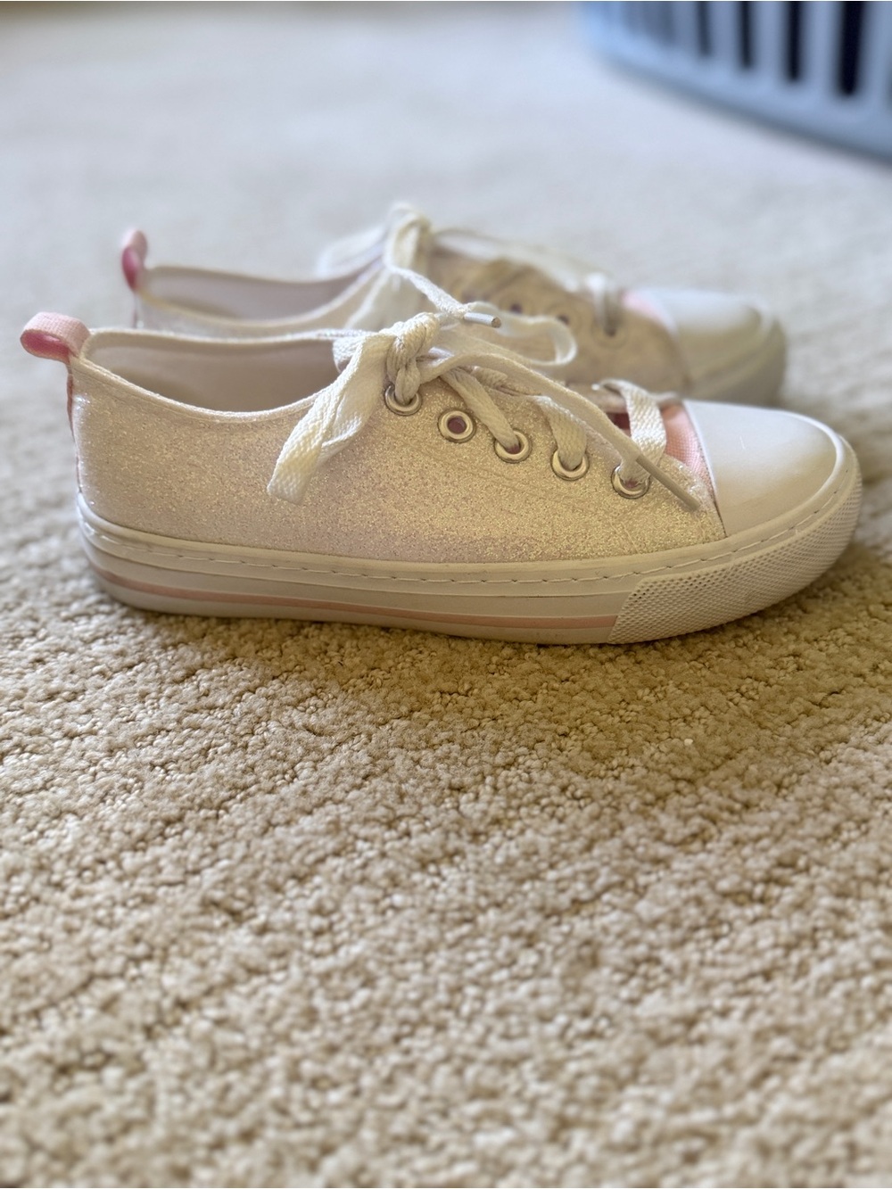 Converse Style Glitter Lace-Up Sneakers in White and Light Pink - Size 2 Girls